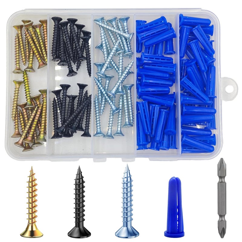 Wensilon (120 PCS) Drywall Anchors Screws 8 Blue Wall Anchor Set 1/4. Three-Color Screws Make it Easy to Install Various Color Products - Image 1
